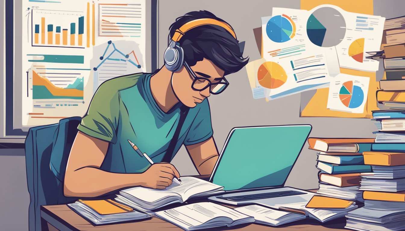 A student studying at a desk with books, a laptop, and a stack of papers, surrounded by educational milestone statistics charts