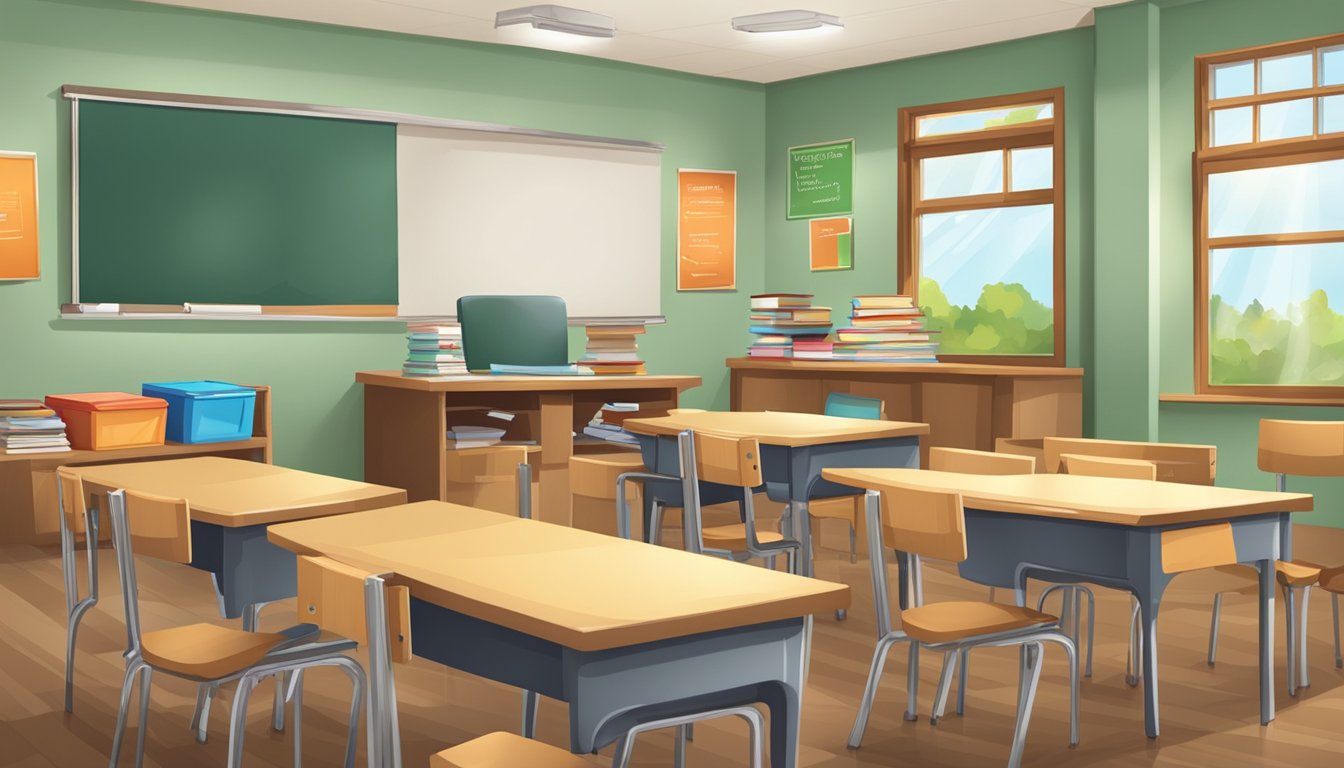 A classroom with a desk, chair, whiteboard, and teaching materials. A "Help Wanted" sign for an English tuition teacher vacancy is prominently displayed