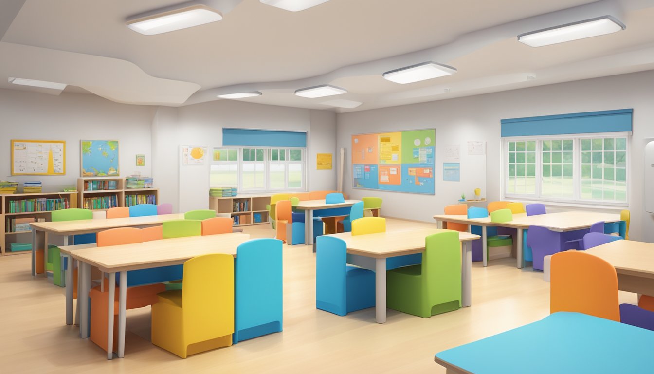 A bright and inviting Kumon tuition center with colorful educational materials, comfortable seating, and a dedicated study area