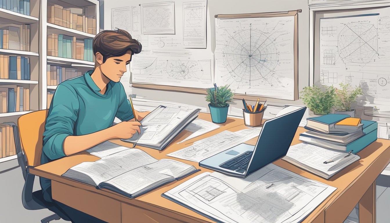 A student sits at a desk, surrounded by physics textbooks and notes. A tutor points to a diagram on a whiteboard, explaining a complex concept