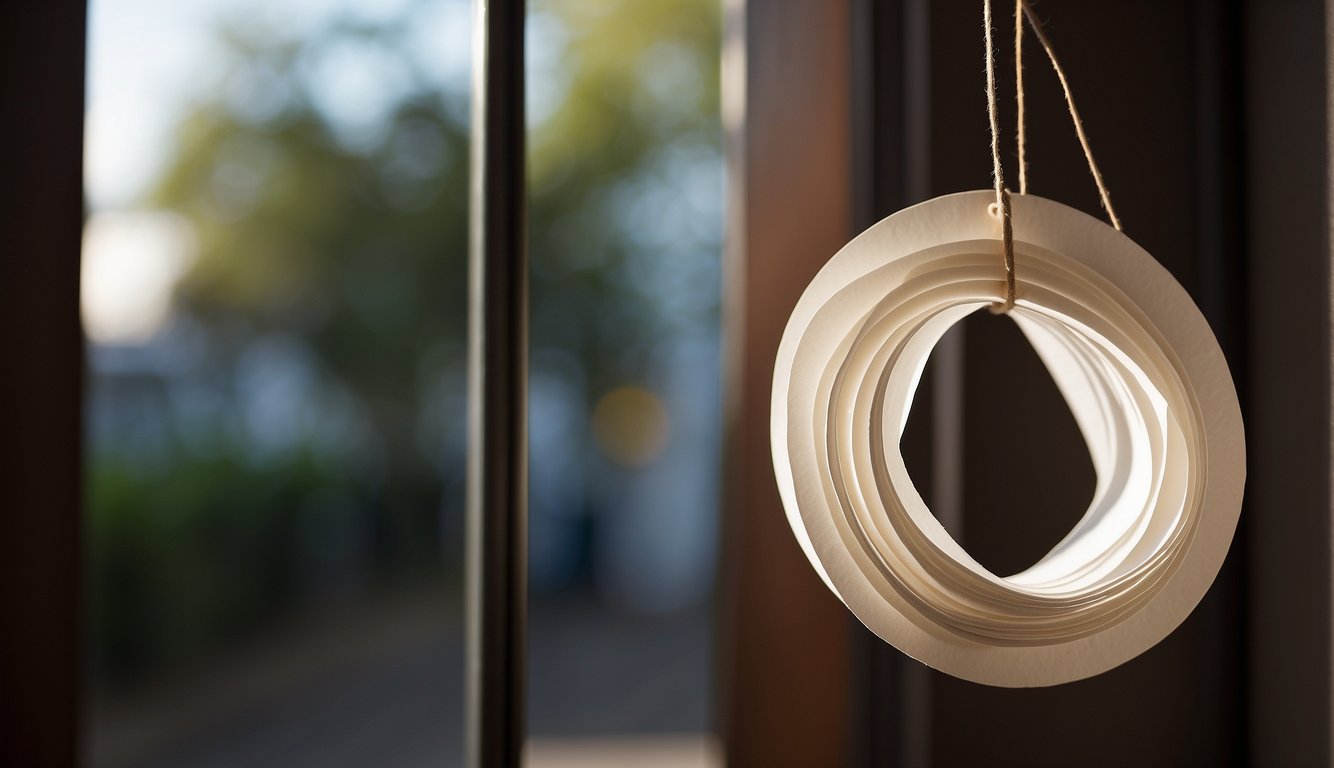 A sheet of paper folded into a hoop shape. A smaller strip of paper taped to the back for support. Hanging from a door or wall