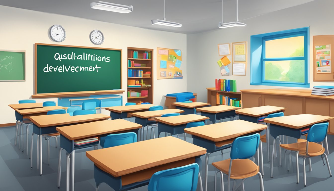 A classroom with books, a whiteboard, and a desk with a "Qualifications and Development English Tuition Teacher Vacancy" sign