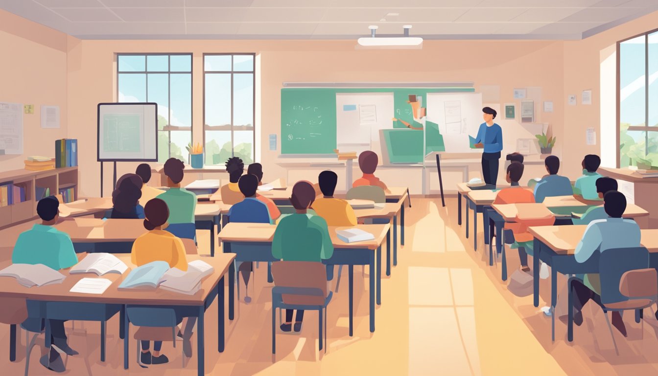 IP students sit in a classroom, listening to a teacher explaining tuition material. Books and study materials are scattered on desks