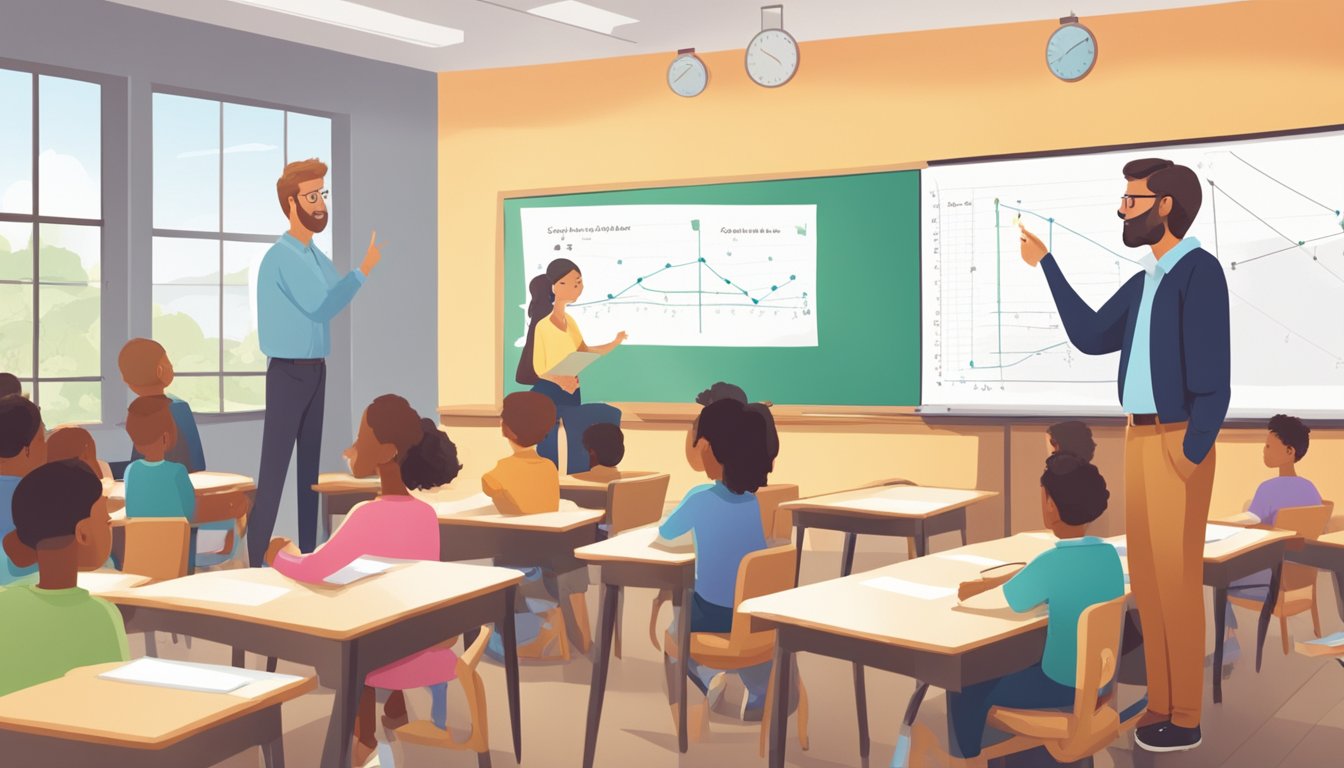 A teacher stands in front of a whiteboard, pointing to statistics equations while students listen attentively in a classroom setting