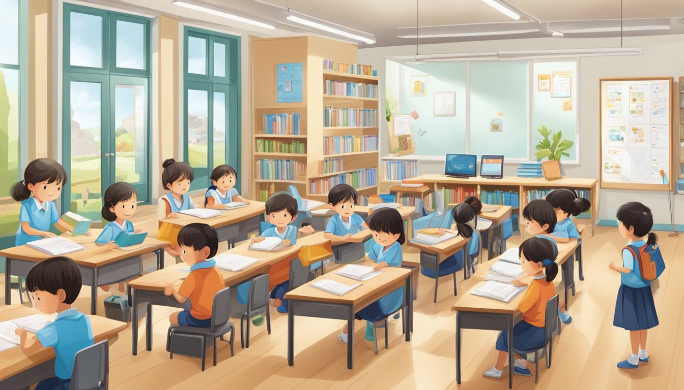 A bright, welcoming Kumon tuition centre with children studying at desks and a teacher assisting. Books, pencils, and educational materials are neatly organized