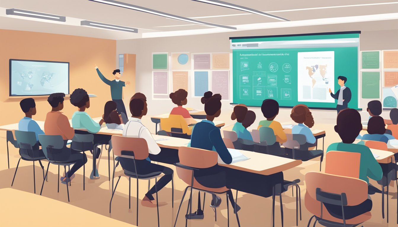 A classroom with IP curriculum materials displayed on the board, while students engage in interactive discussions with the teacher