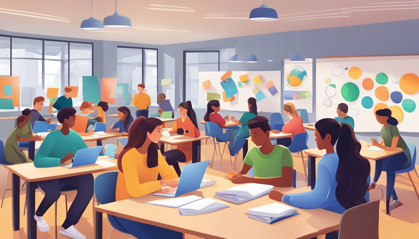 Students engaged in interactive discussions with expert tutors, surrounded by educational materials and technology, in a vibrant and dynamic learning environment