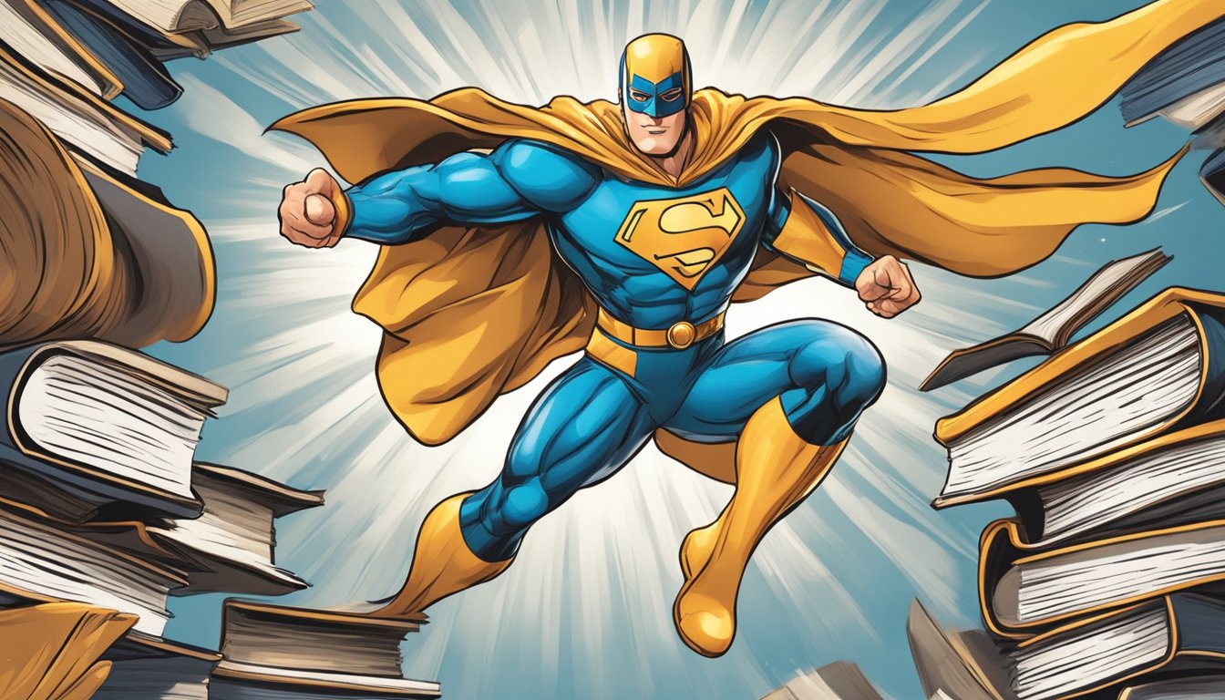 A superhero swoops in, holding a stack of books and a shining pencil, ready to conquer a challenging tuition assignment