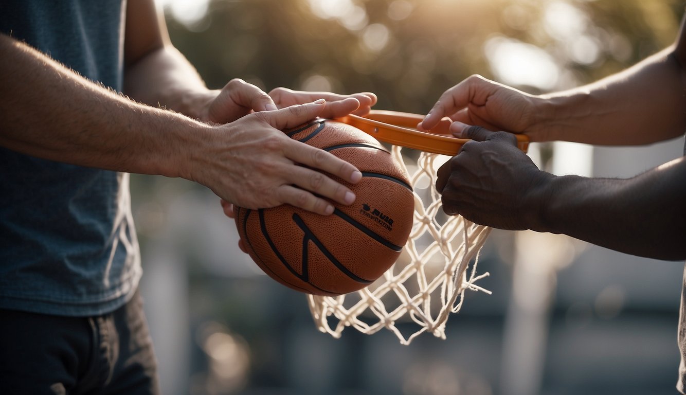 A pair of hands folds and cuts paper into a basketball hoop, then tapes it to a backboard