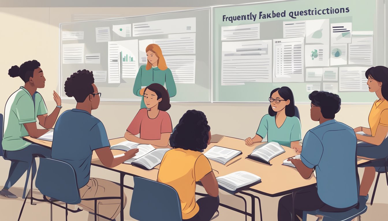 A group of students gathered around a bulletin board labeled "Frequently Asked Questions" about tuition for IP students. They are reading and discussing the information displayed