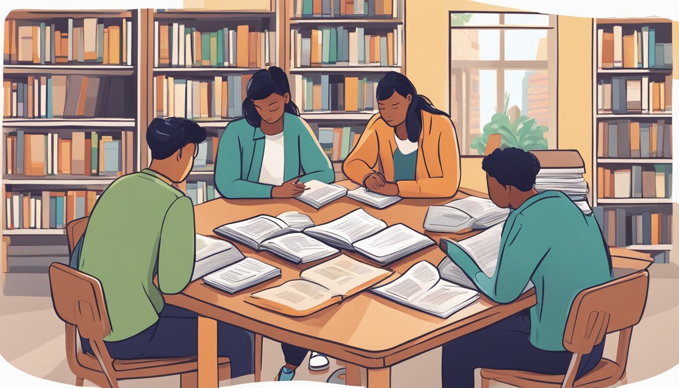 Students reading and discussing MYP tuition FAQs with a tutor. Books and study materials are scattered around the table