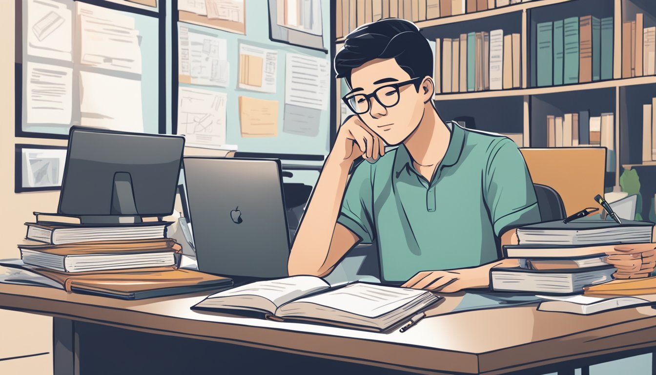 A student sits at a desk, surrounded by textbooks and notes. A laptop is open, displaying a list of available tuition assignments in Singapore. The student is deep in thought, considering which assignment to take on next