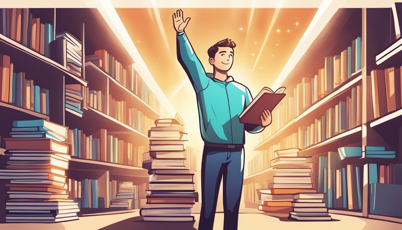 A student confidently raises their hand while surrounded by books and a bright, shining light symbolizing their success as a Tuition Hero