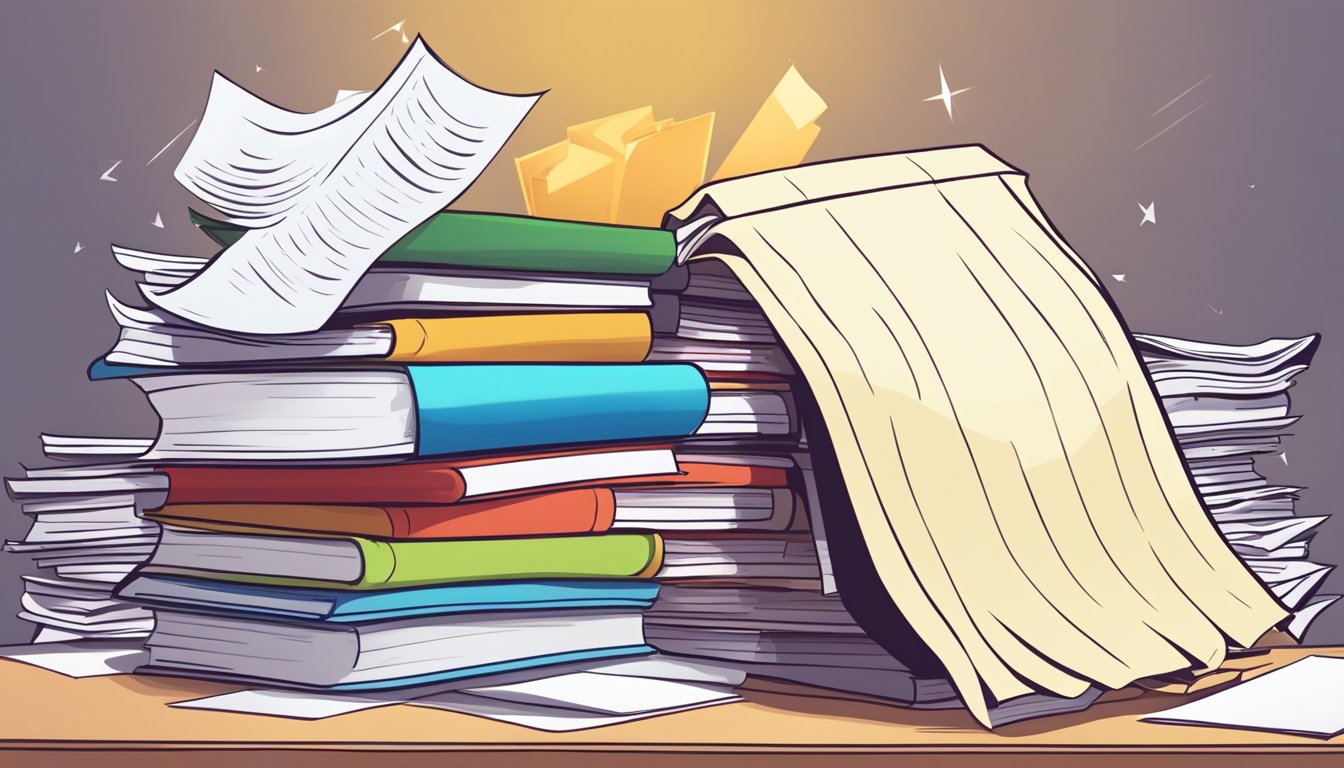 A stack of FAQ papers next to a superhero cape and a pile of tuition assignments