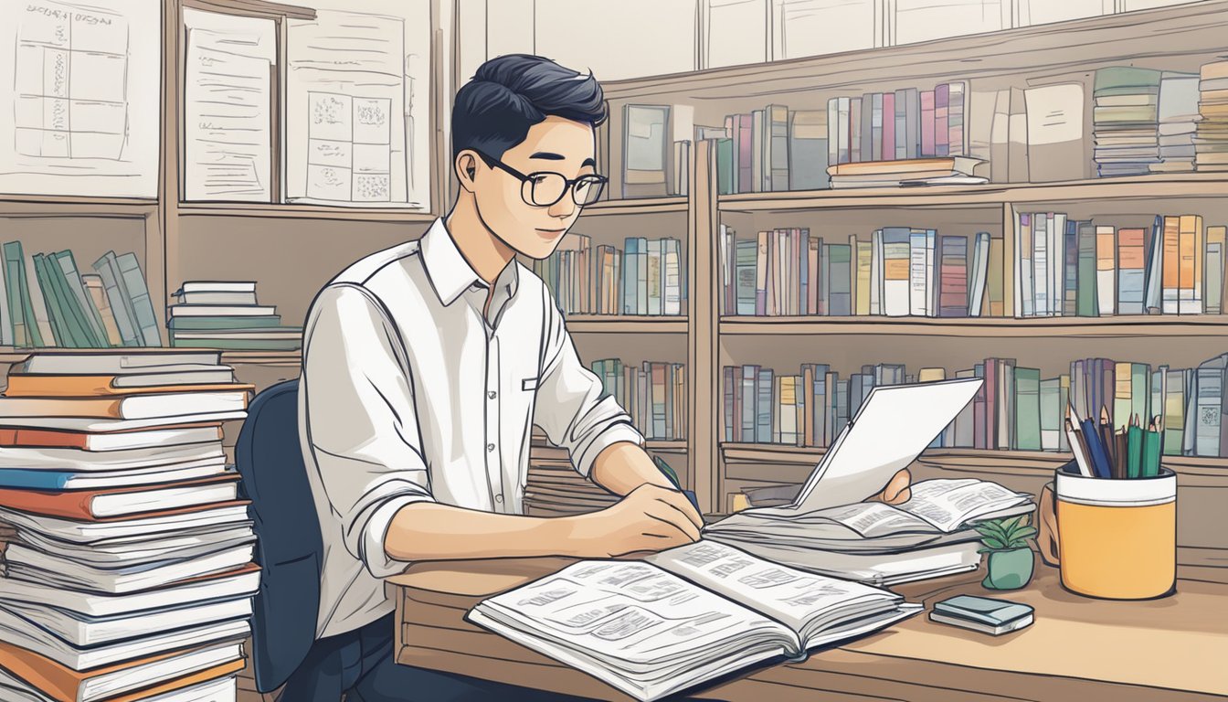 A tutor sits at a desk, surrounded by books and teaching materials. A whiteboard displays a schedule of upcoming tuition assignments in Singapore