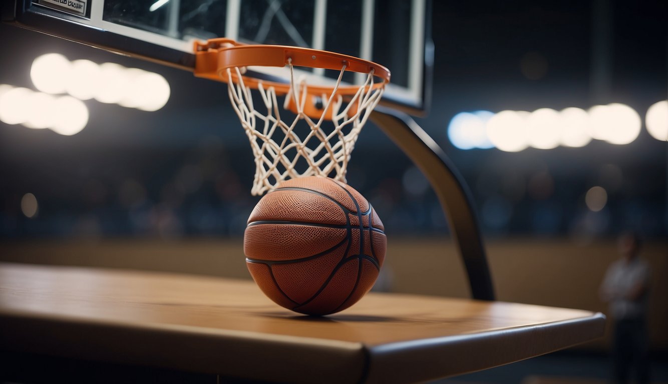 A person folds and tapes paper to create a basketball hoop on a stand