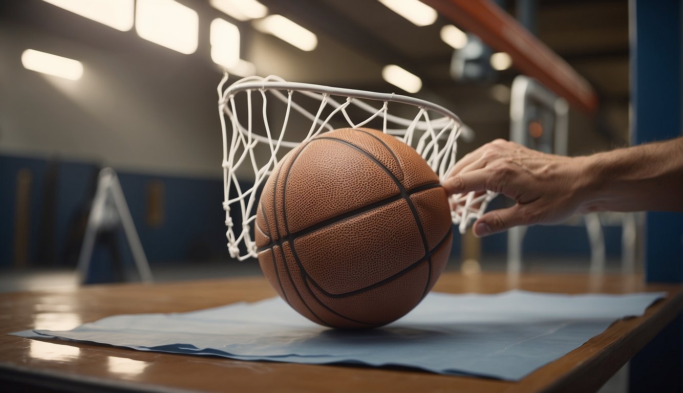 A hand holds a piece of paper, folding and shaping it into a basketball hoop. Glue and tape secure the structure