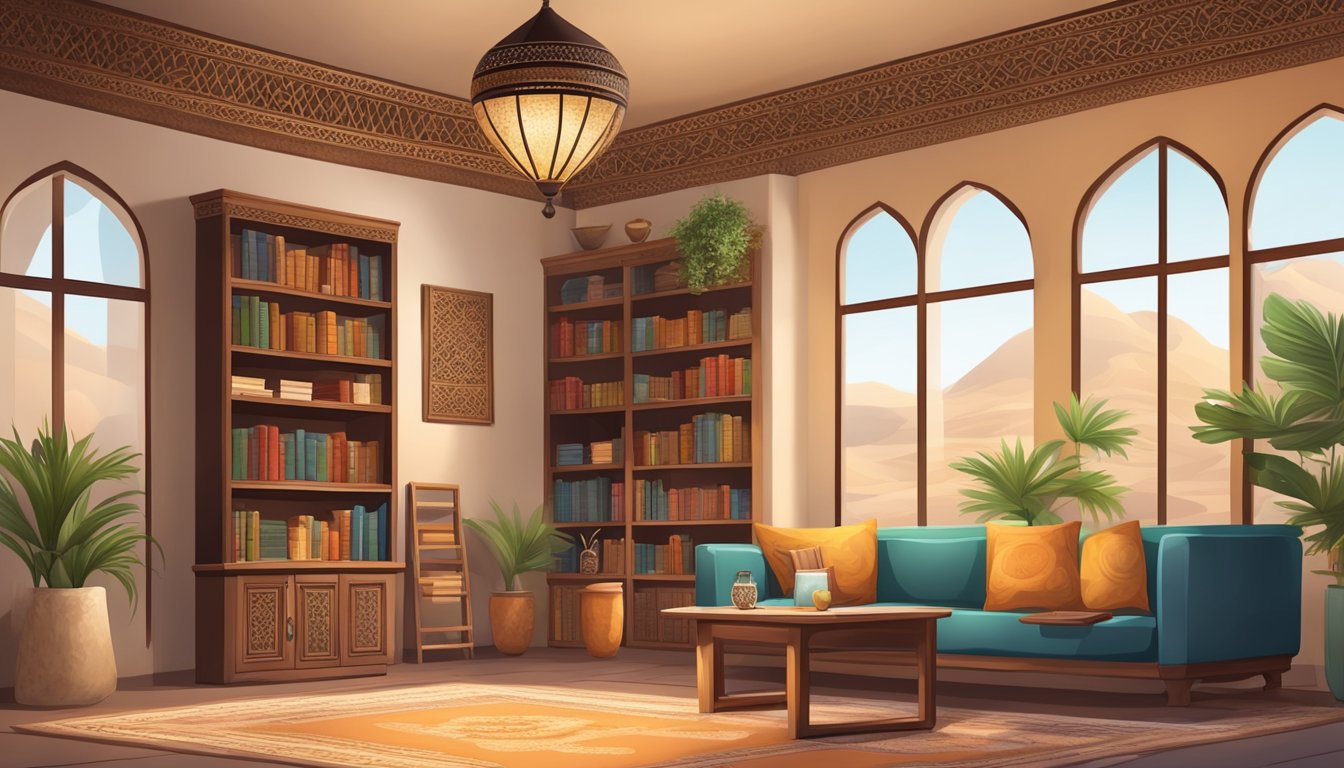 A cozy Arabic home with traditional decor, a small table for tutoring, and books on Arabic language and culture
