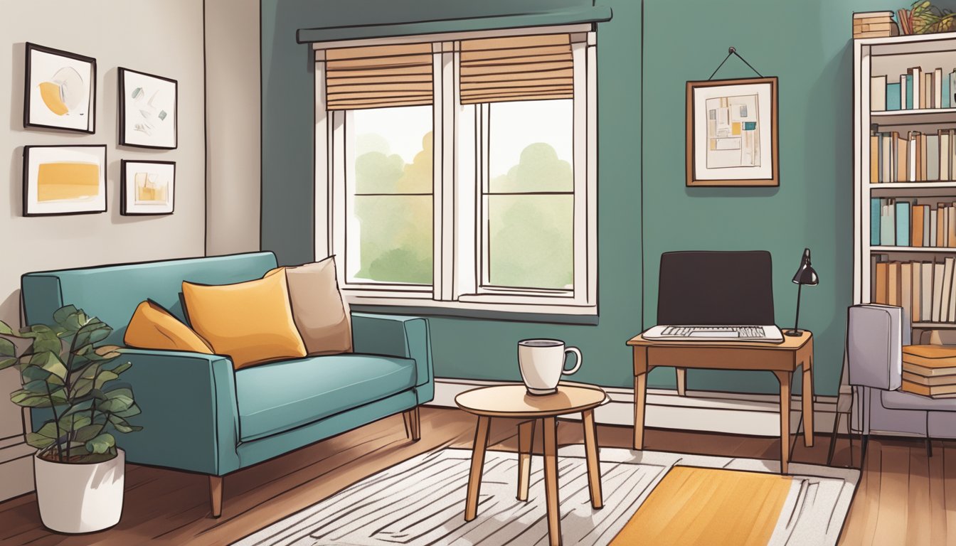 A cozy living room with a small table, two chairs, and a whiteboard. A stack of books and educational materials sit on the table, while a laptop and a cup of coffee are nearby