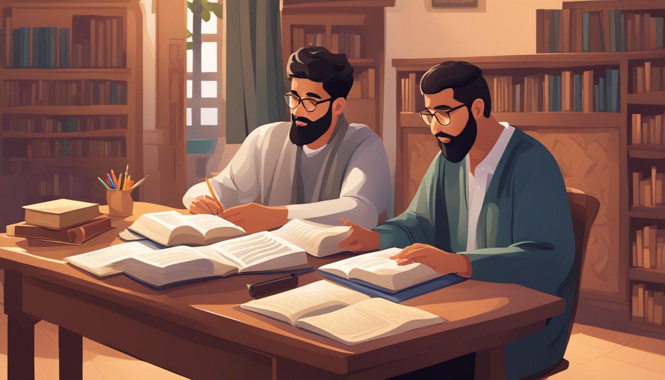 A student and a tutor sit at a table with Arabic books and papers, engaged in a lesson. A warm, inviting atmosphere with cultural decor