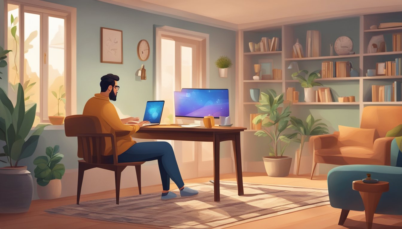 A modern Arabic tutor uses digital tools to teach language in a cozy home setting