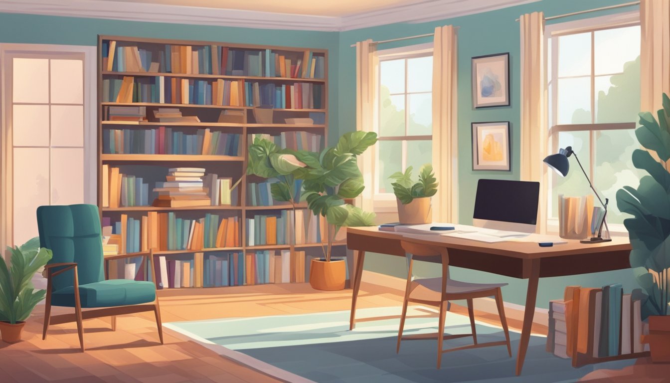 A bright, cozy home environment with a study area, books, and a computer. A friendly and professional tutor engaging with a student, fostering a positive learning atmosphere