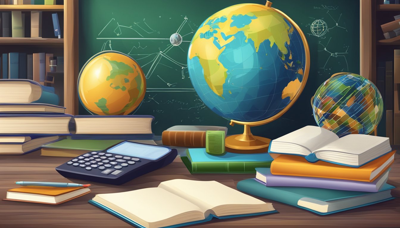 A table with textbooks and notebooks, surrounded by a globe, calculator, and science equipment, with a chalkboard in the background