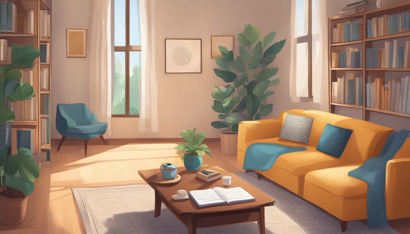 A cozy, well-lit living room with a small table holding Arabic textbooks and a whiteboard with language exercises