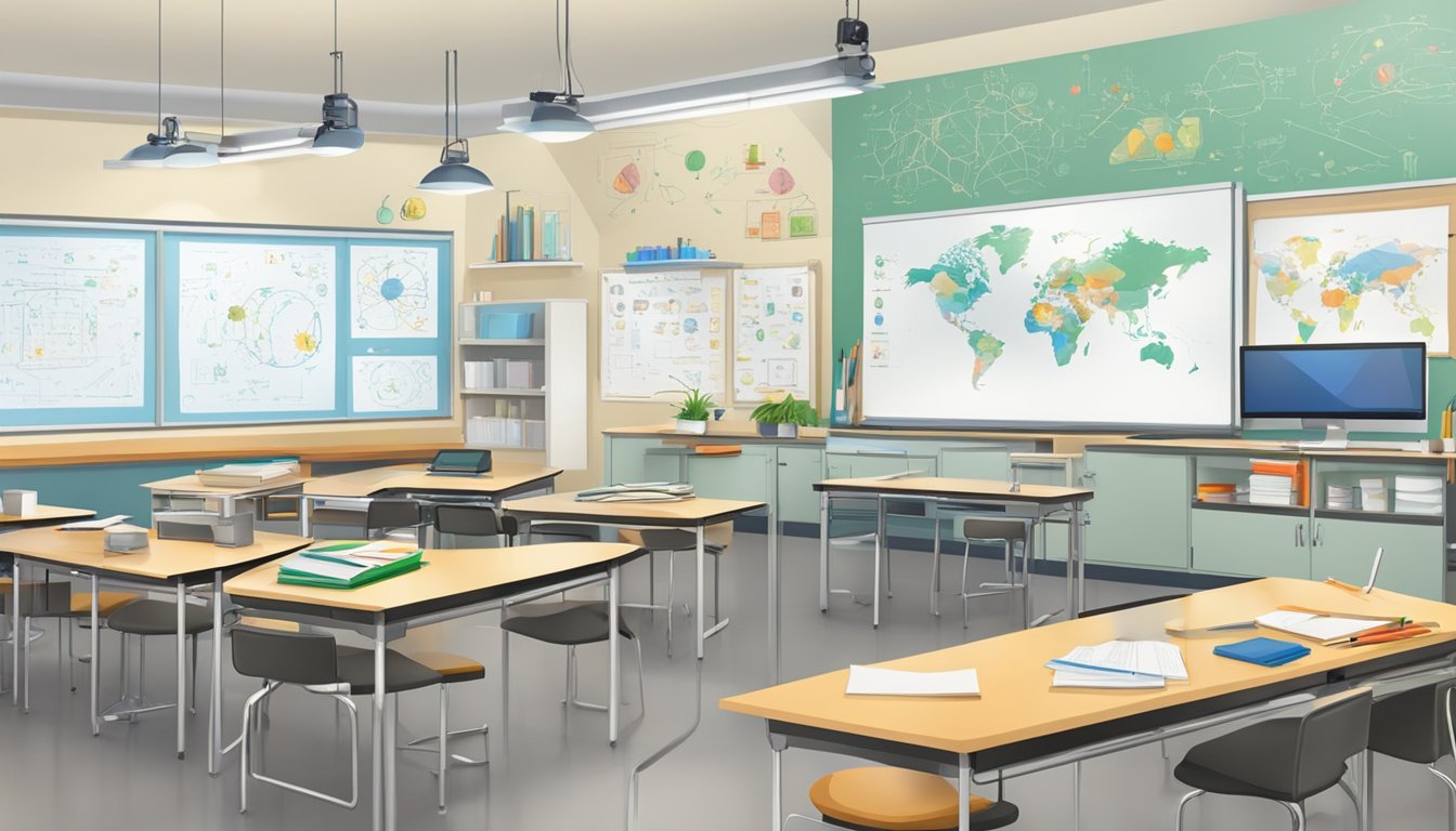 A classroom with biology textbooks, diagrams, and lab equipment on desks. A whiteboard displays complex biological concepts