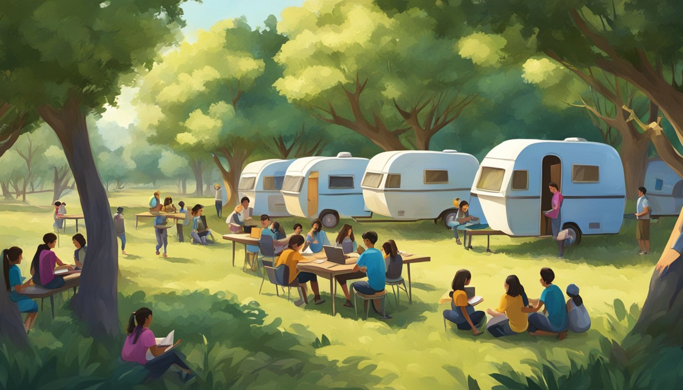 A caravan of students gathers in a lush orchard for outdoor tuition