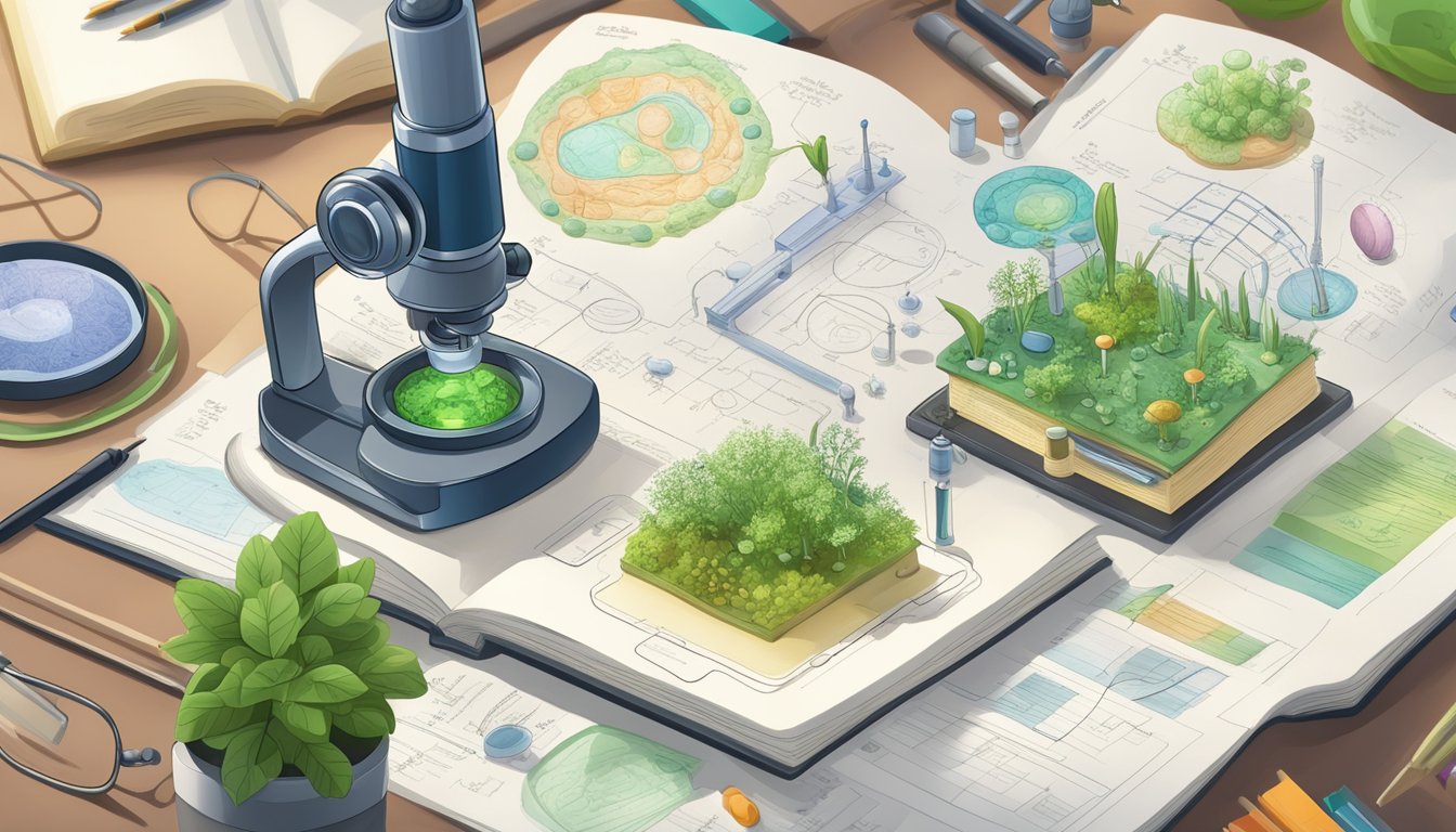 A microscope focused on a detailed diagram of a plant cell, surrounded by textbooks and notes on genetics and evolution