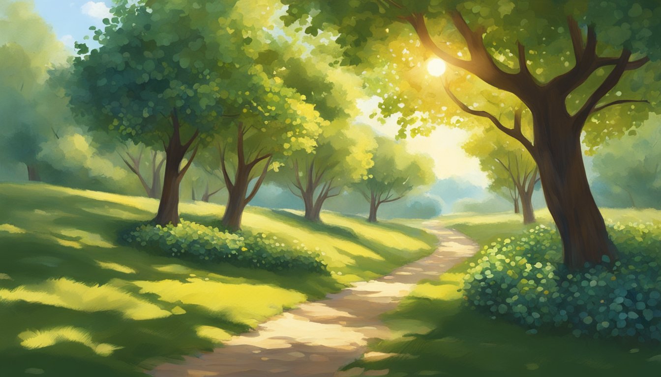 Sunlight filters through the lush orchard, casting dappled shadows on the vibrant foliage. Fruit-laden trees stretch towards the sky, while a winding path invites exploration