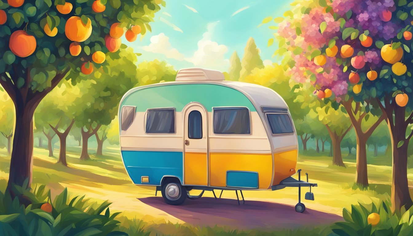 A colorful caravan sits in the middle of a lush orchard, surrounded by fruit trees and vibrant foliage. The sun shines down, casting a warm glow over the scene
