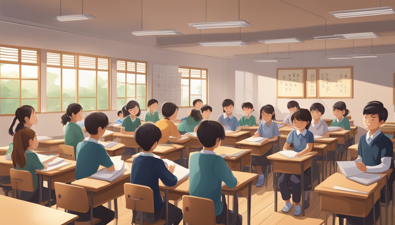 A classroom filled with students studying Chinese, with textbooks and writing materials on desks. A tutor leads the lesson at the front of the room