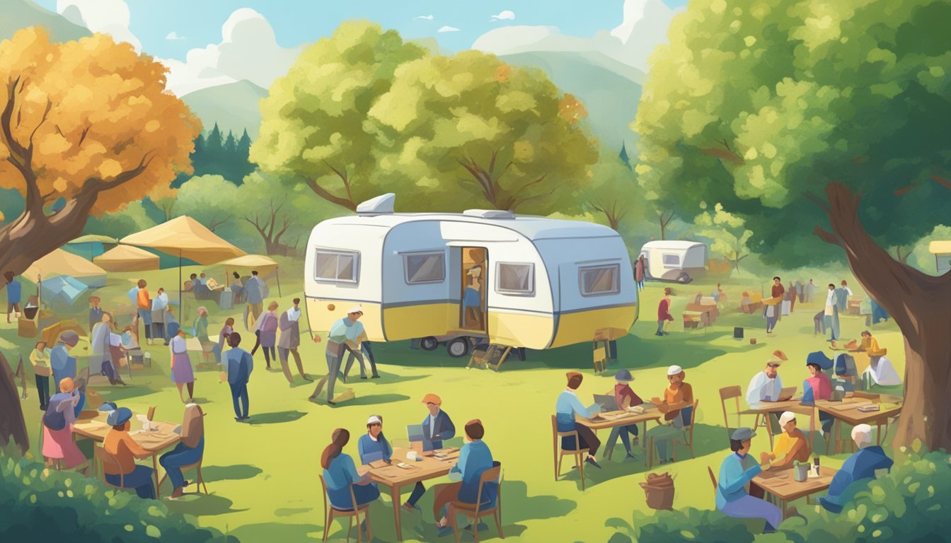 A bustling orchard with a caravan offering tuition services, surrounded by people asking questions