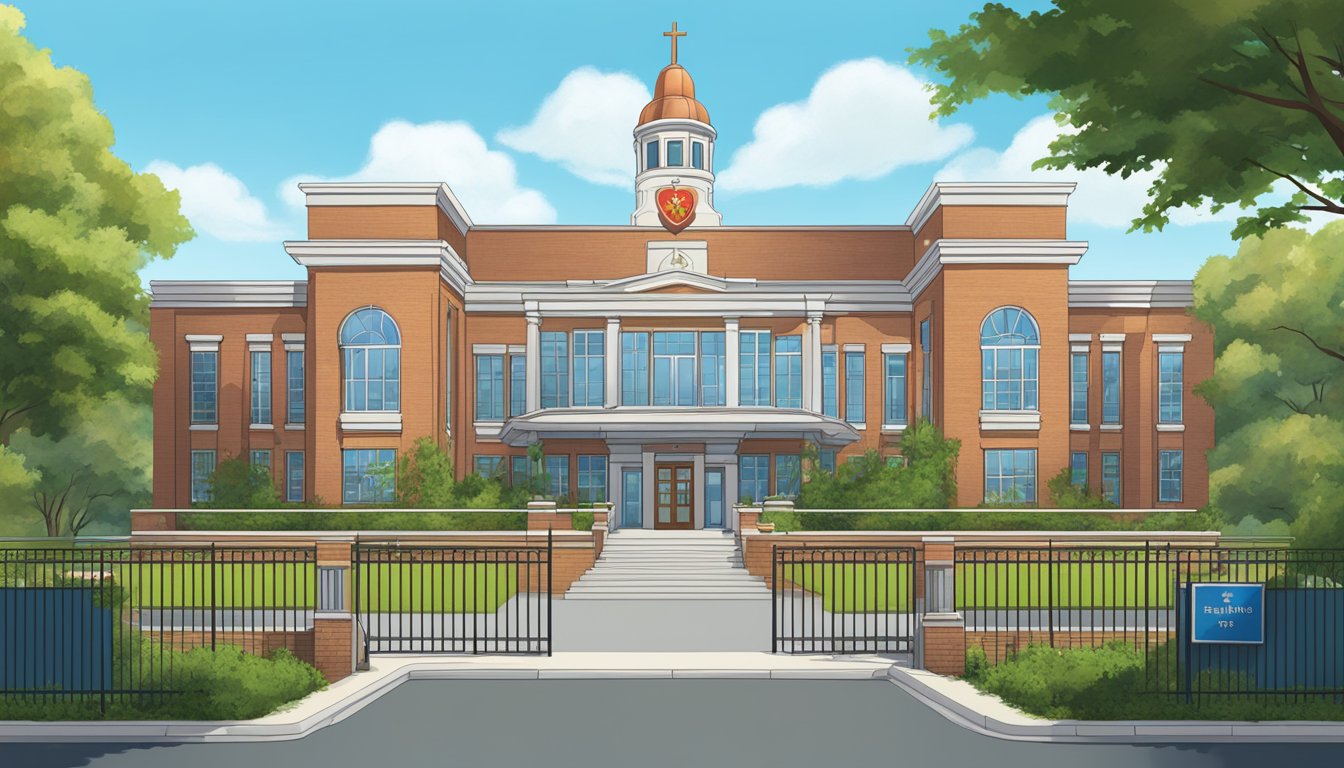 A school building with a prominent "Sacred Heart Griffin Tuition" sign, surrounded by greenery and a clear blue sky