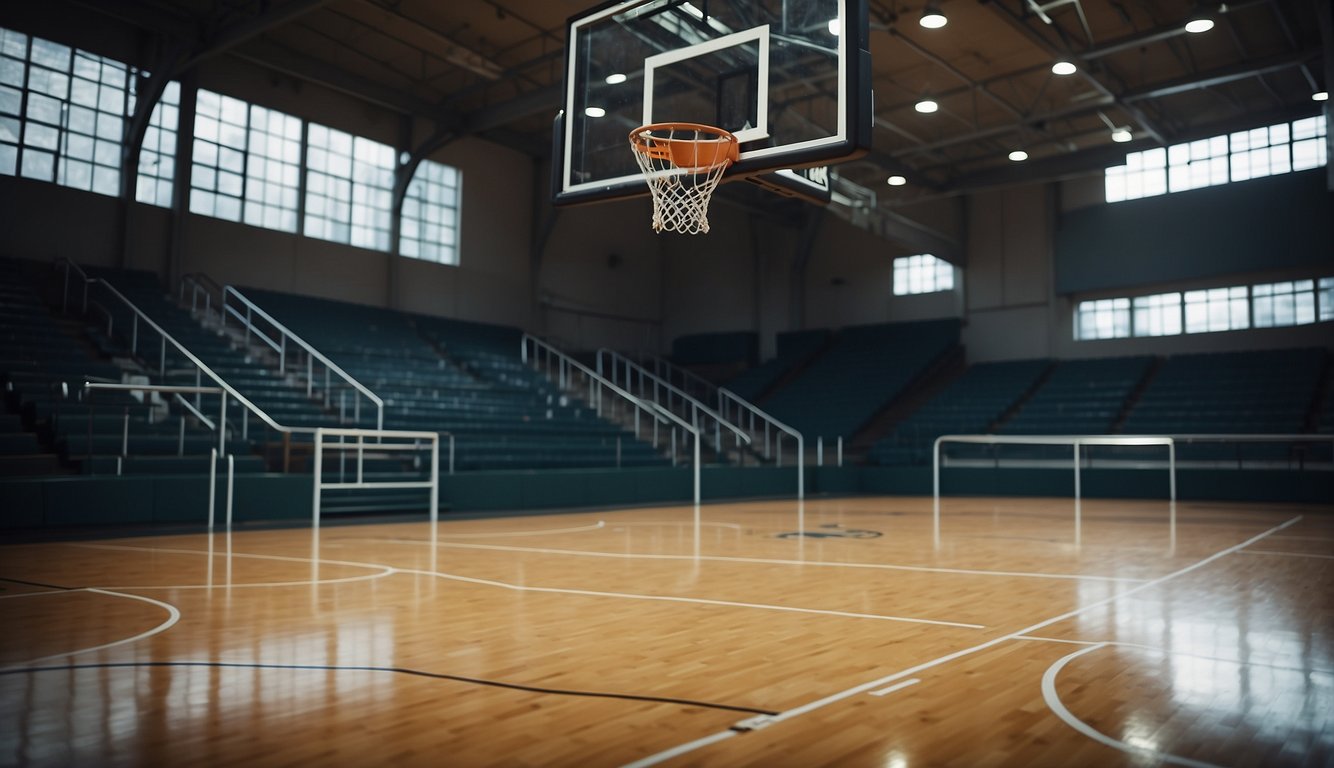 A basketball court with a hoop, ball, and players. Scoreboard and timer visible. Scratch interface on a computer screen