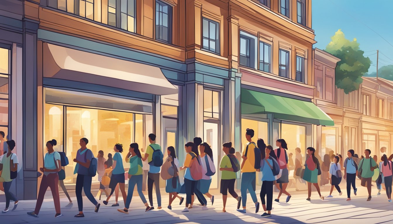 A bustling street lined with brightly lit tuition centers, students hurrying in and out, while parents eagerly discuss enrollment options