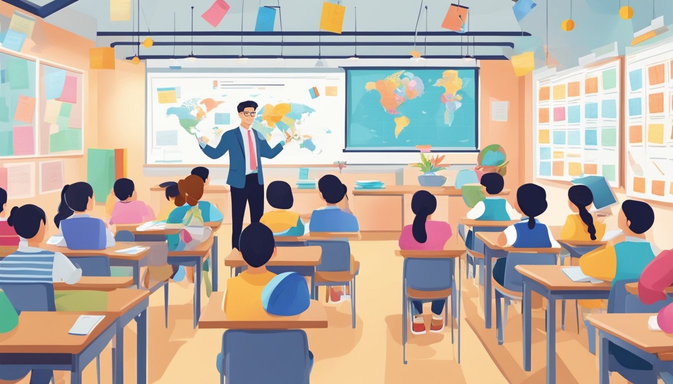 A classroom filled with engaged students, surrounded by colorful posters and educational materials, as a passionate teacher leads a dynamic lesson on O level Chinese tuition in Singapore