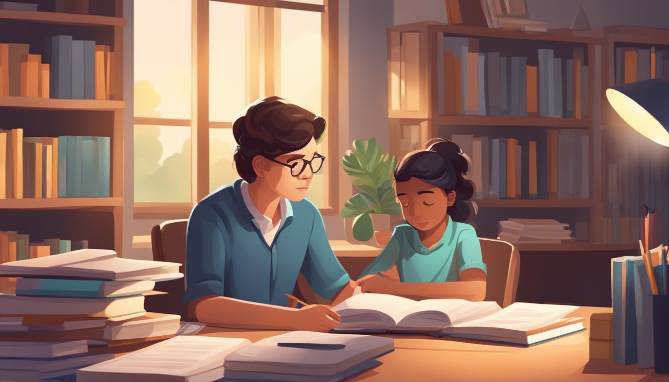 A student sits at a desk with books and papers, receiving tutoring from a teacher. The room is quiet and focused, with a lamp providing soft light