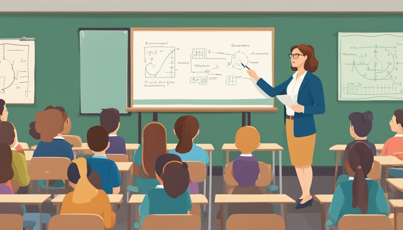 A teacher stands in front of a classroom, pointing to a chalkboard with diagrams and equations, while students listen attentively