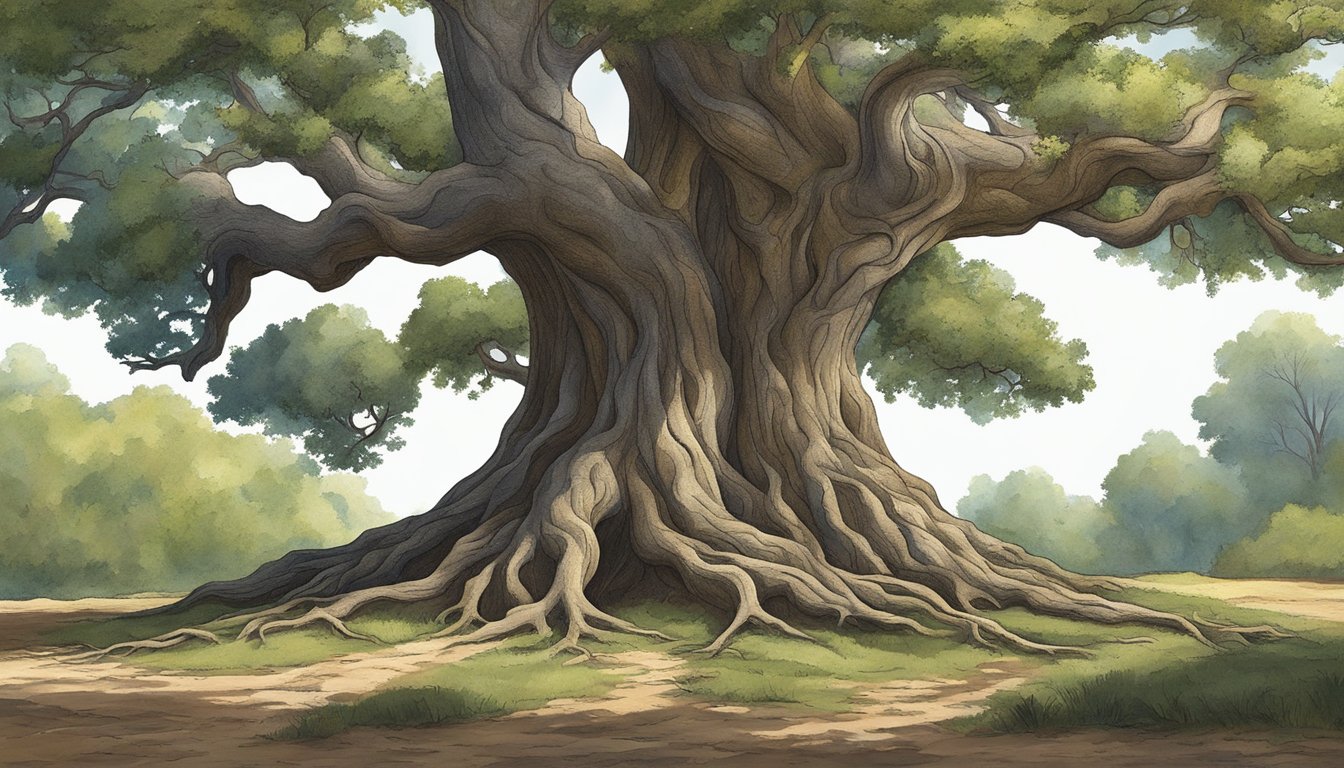 A sturdy oak tree stands tall, with roots deeply anchored in the earth. The branches reach out confidently, casting a protective shadow over the surrounding landscape