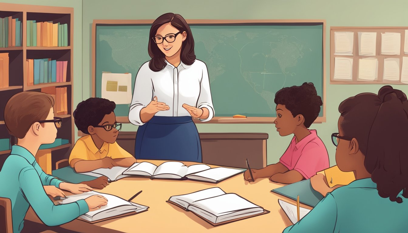 A teacher instructs a group of students in a classroom setting, with books and educational materials visible