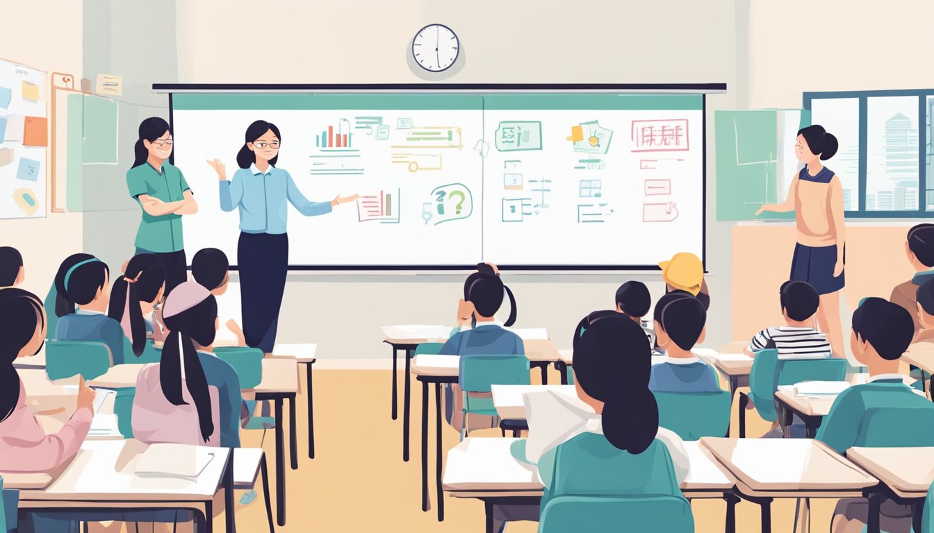 A teacher stands in front of a whiteboard, surrounded by eager students. The words "Frequently Asked Questions o level chinese tuition singapore" are written in bold letters on the board