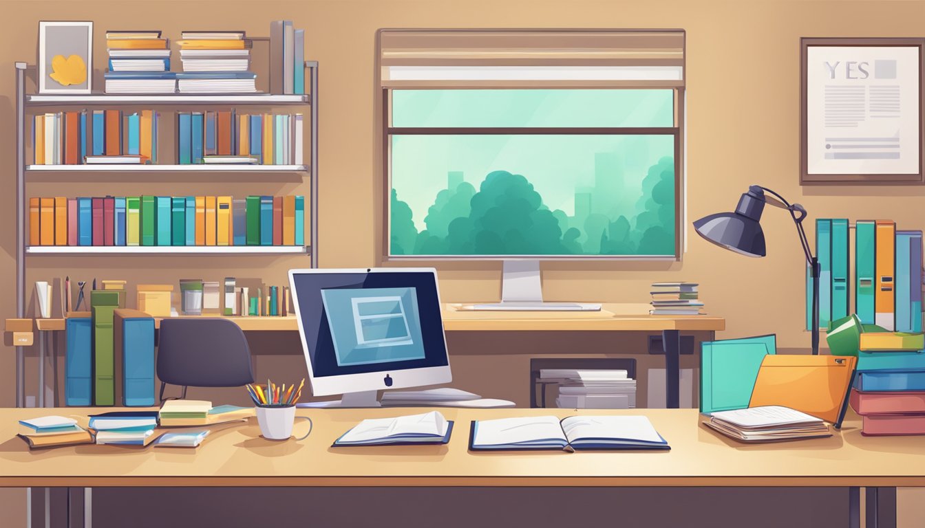 A bright, welcoming office space with a desk, computer, and shelves of educational materials. A sign on the wall reads "Yes Tuition Agency."