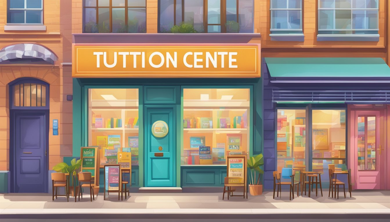 A brightly lit storefront with a "Tuition Centre for Sale" sign. Empty chairs and desks inside, with colorful educational posters on the walls