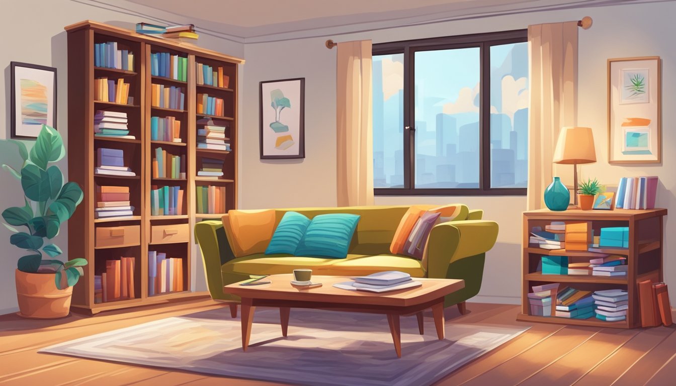 A cozy living room with a table filled with books and educational materials, a whiteboard with colorful markers, and a comfortable chair for a tutor