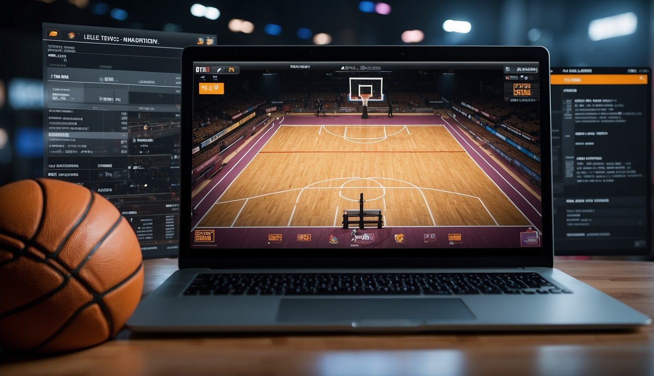 A computer screen with Scratch software open, displaying a basketball game interface with code blocks and a virtual basketball court