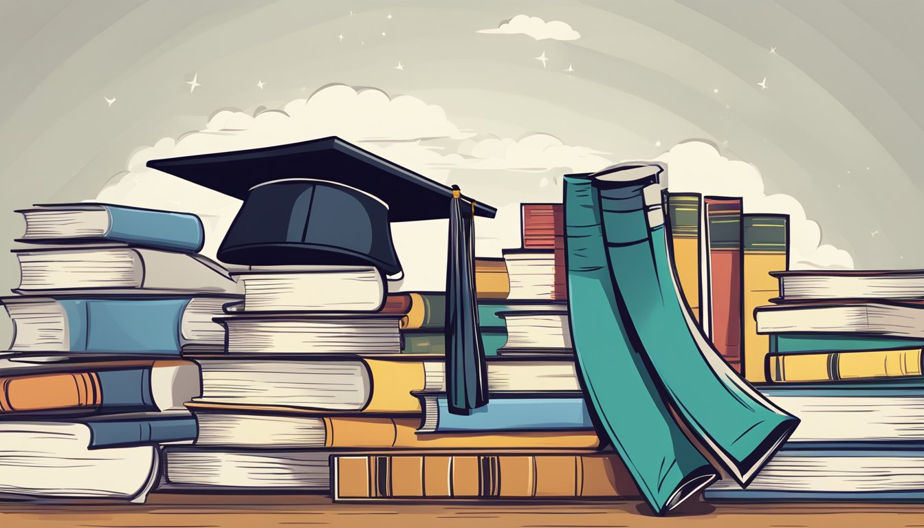 A stack of scholarship papers surrounded by books and a graduation cap, symbolizing the benefits of steadfast tuition