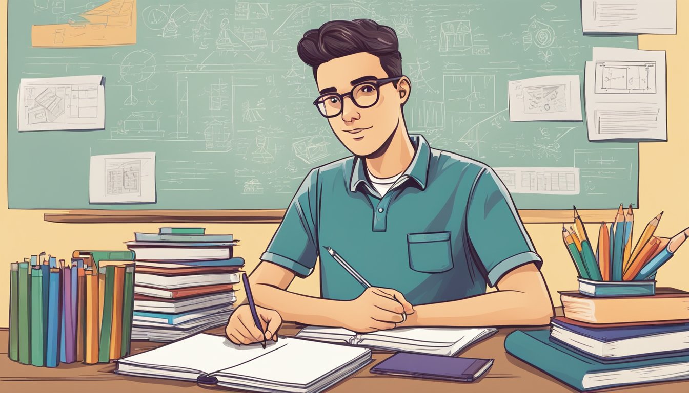 A student sits at a desk, surrounded by books and school supplies. A tutor stands nearby, pointing to a whiteboard filled with equations and diagrams. The student looks engaged and attentive, eager to learn